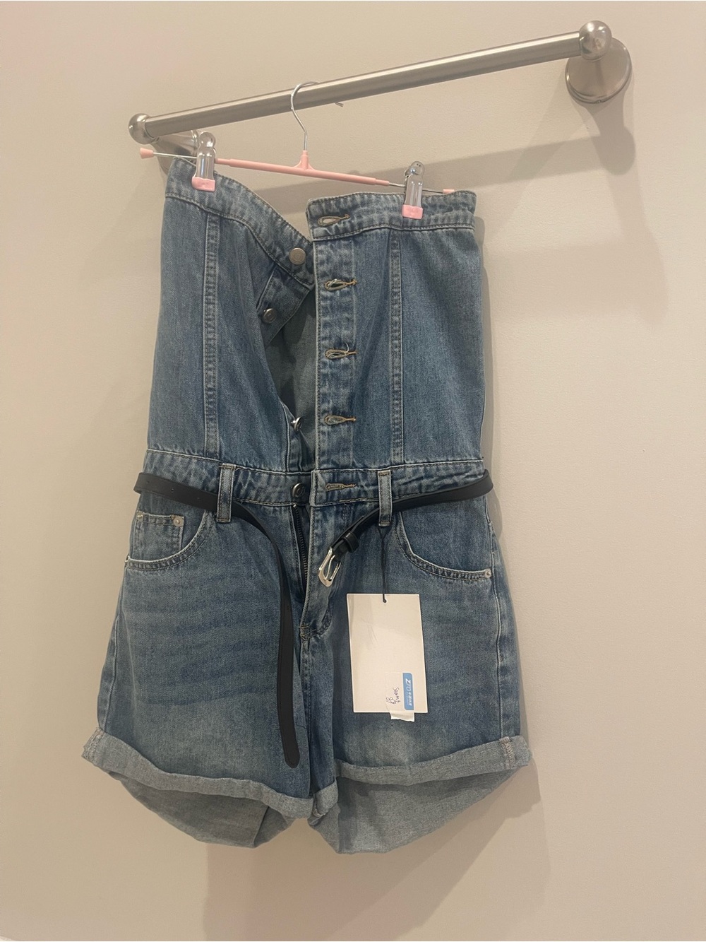 No Boundaries Blue Denim Strapless Short Overalls with Black Belt
